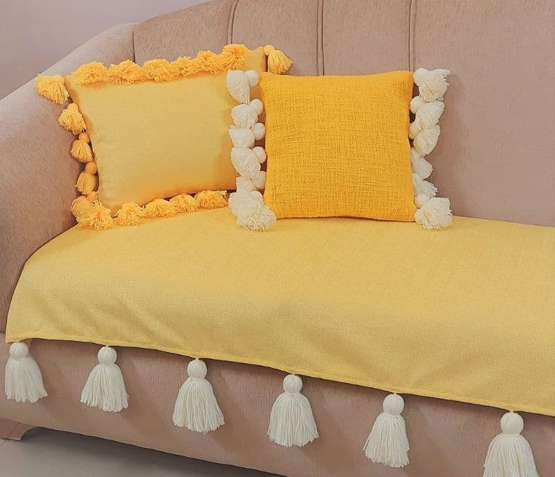 Image 3 for Amato Sofa Cover With White Tassels Light Yellow  3 Seater