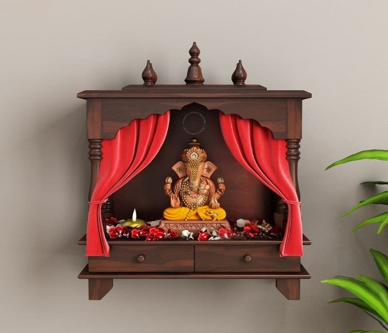 Thailand Wall Mounted Pooja Mandir With Twin Drawers (Walnut Finish)