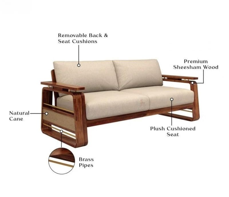 Image 8 for Vrinda Sheesham Wood Sofa with Cane and Brass Detailing
