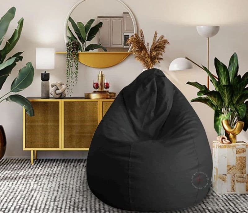 Leather Plain Solid Print Bean Bag Filled with Beans ( Black, XL )