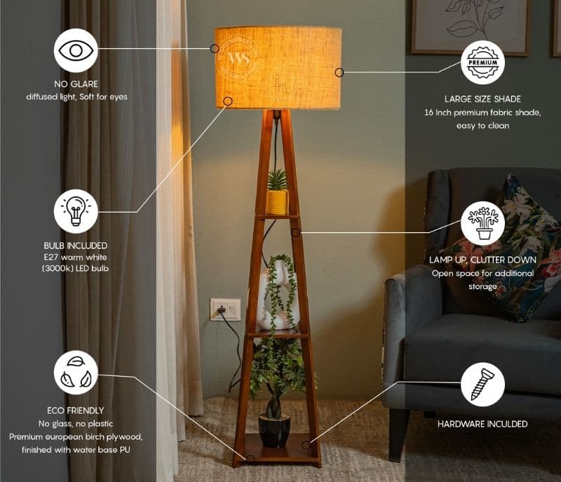 Image 3 for Lilly Wooden Floor Lamp with Shelf Natural Jute Shade