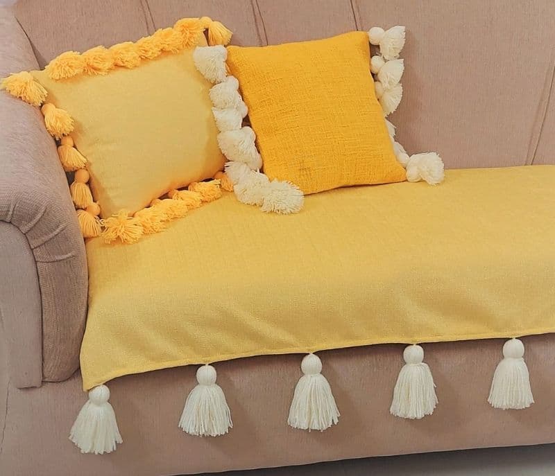 Image 2 for Amato Sofa Cover With White Tassels Light Yellow  3 Seater