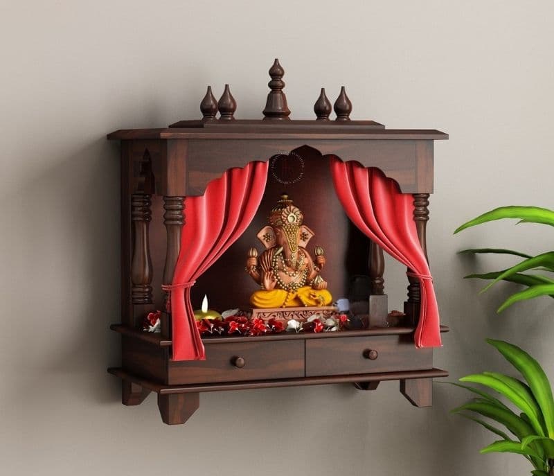 Image 4 for Thailand Wall Mounted Pooja Mandir With Twin Drawers (Walnut Finish)