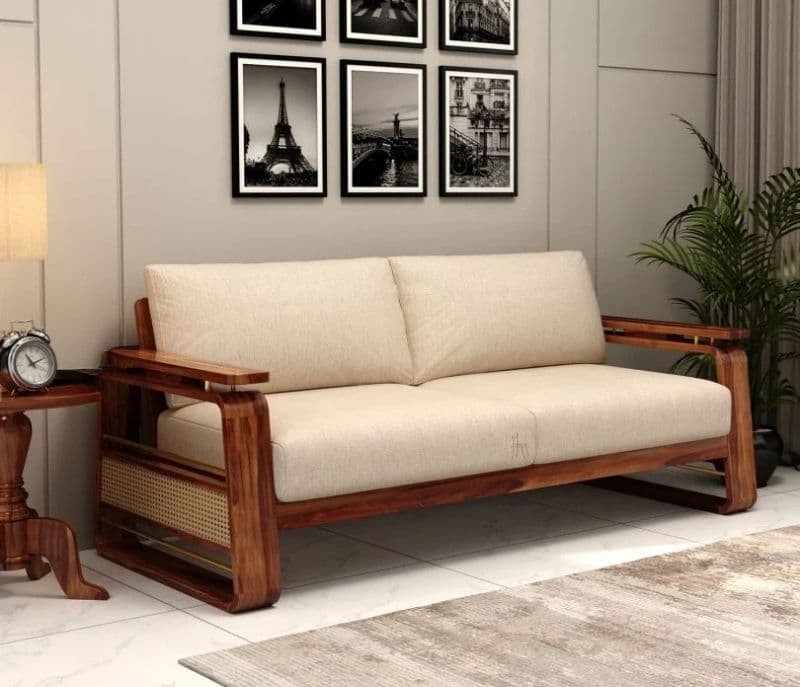 Vrinda Sheesham Wood Sofa with Cane and Brass Detailing