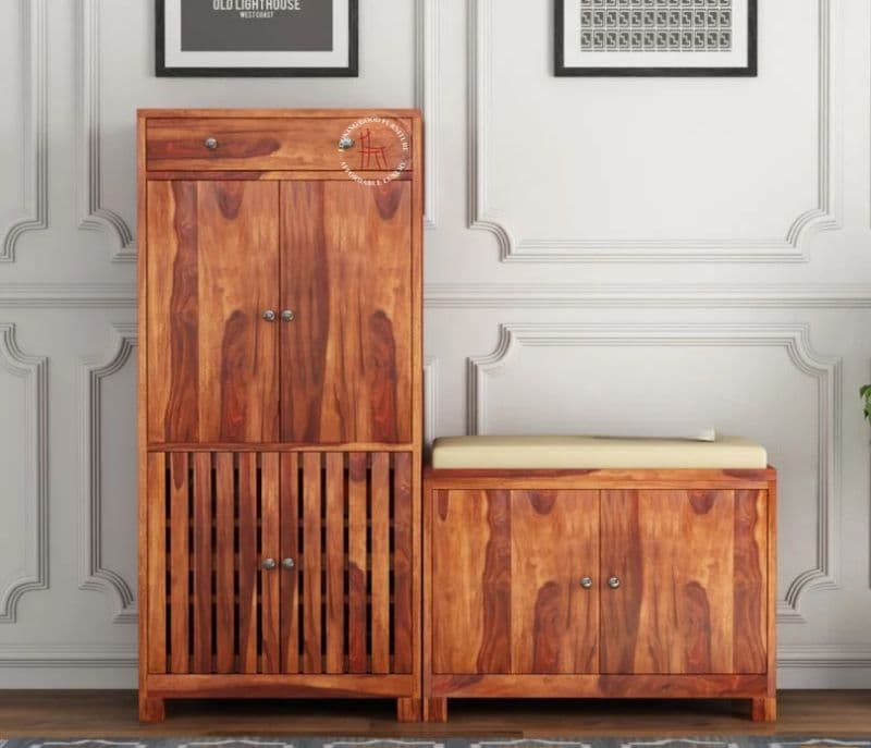 Image 7 for Foreta Wood Shoe Rack With Seat ( Honey Finish )