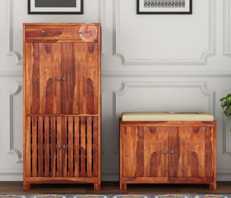 Image 8 for Foreta Wood Shoe Rack With Seat ( Honey Finish )