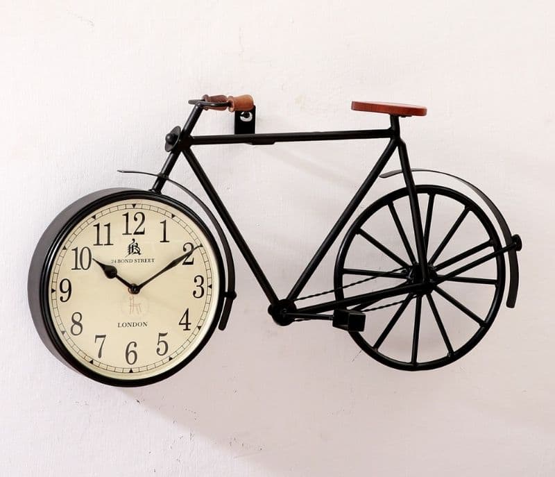 Achille Cycle Shaped Analog Wall Clock with Wooden Seat and Handle