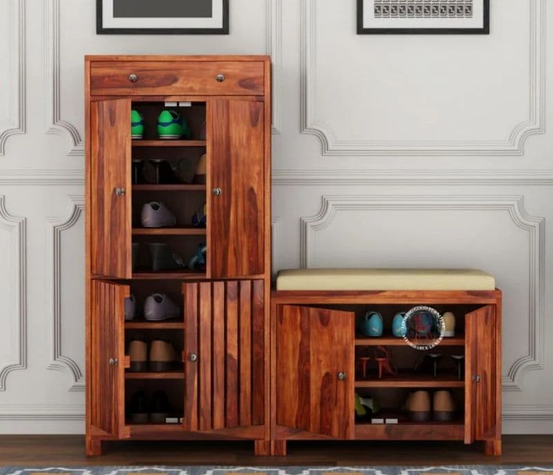 Image 9 for Foreta Wood Shoe Rack With Seat ( Honey Finish )