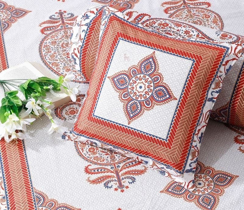 Image 4 for Paislee Jaipur White and Orange Floral Print Set of 8 Cotton Diwan Set