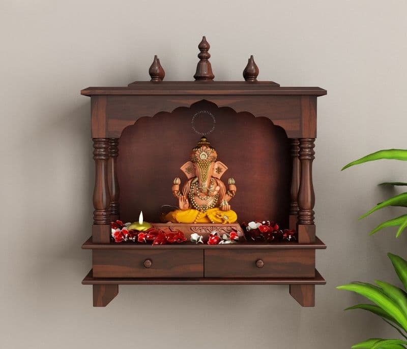 Image 3 for Thailand Wall Mounted Pooja Mandir With Twin Drawers (Walnut Finish)
