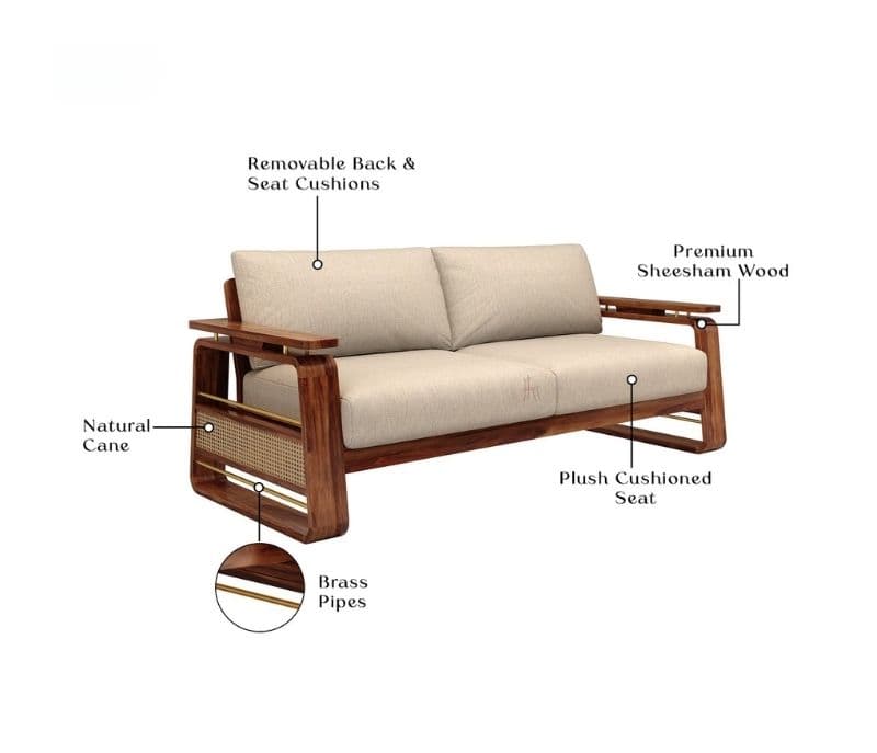 Image 6 for Vrinda Sheesham Wood Sofa with Cane and Brass Detailing