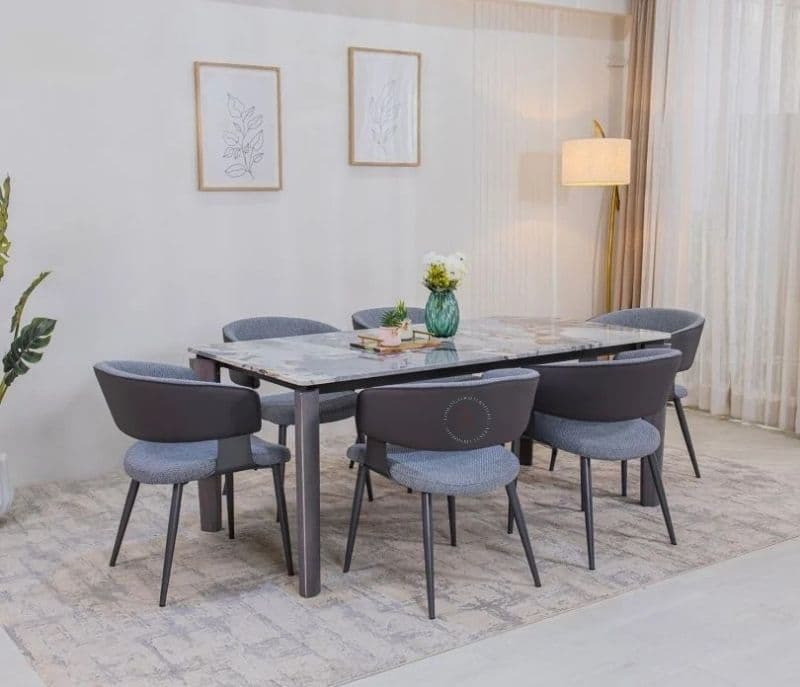 Avani 6 Seater Dining Set With Premium Grey Upholstered Chairs & Artificial Marble Top