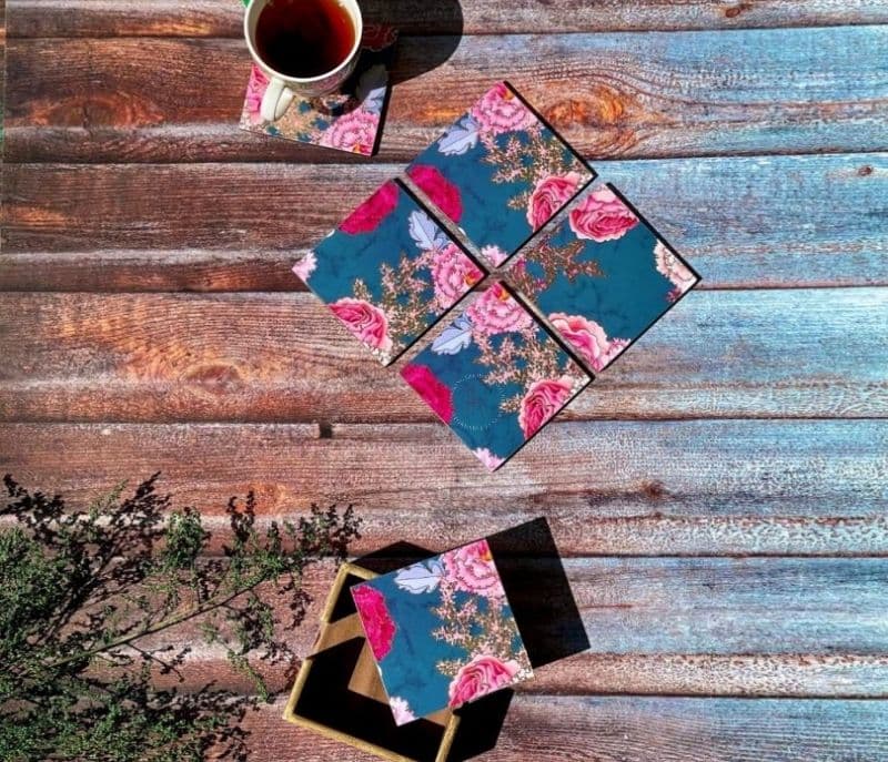 Jaliyah Wooden Printed Blue Floral Premium Coasters (Set Of 6)