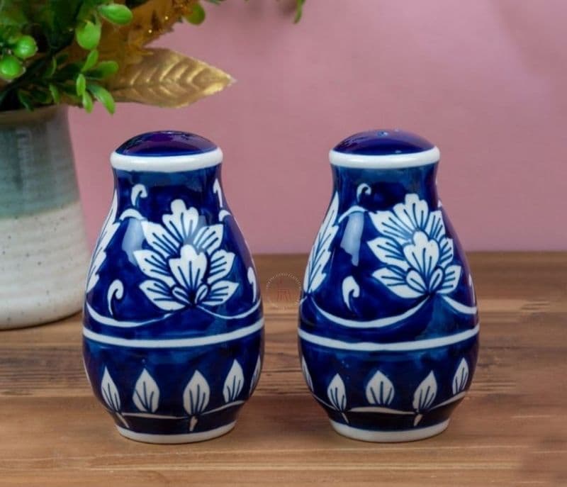 Alexa Blue Large Size Ceramic Hand Painted Salt And Pepper Dispenser - Set of 2
