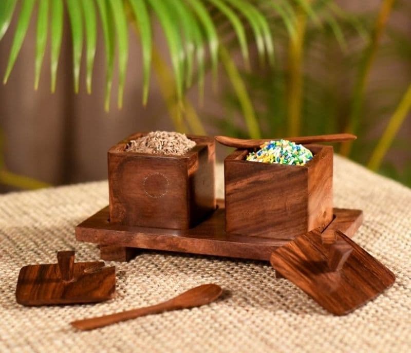 Amari Set of 2 Handcarved Wooden Jars with Spoon and Tray