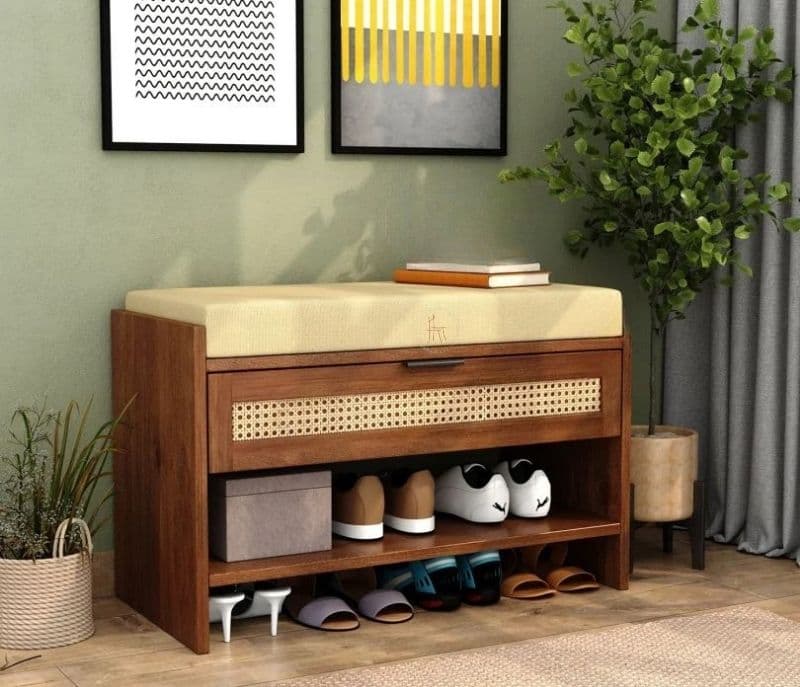Fatima Premium Solid Wood Shoe Rack With Removable Cushioned Seat, Drawer Storage & Cane Detailing