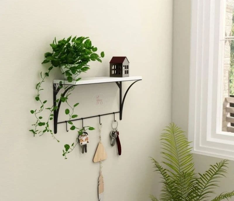 Ailani Wooden Wall Mounted Shelf With 4 Hanging Metal Hooks, Multipurpose Wall Shelf For Living Room/Bedroom