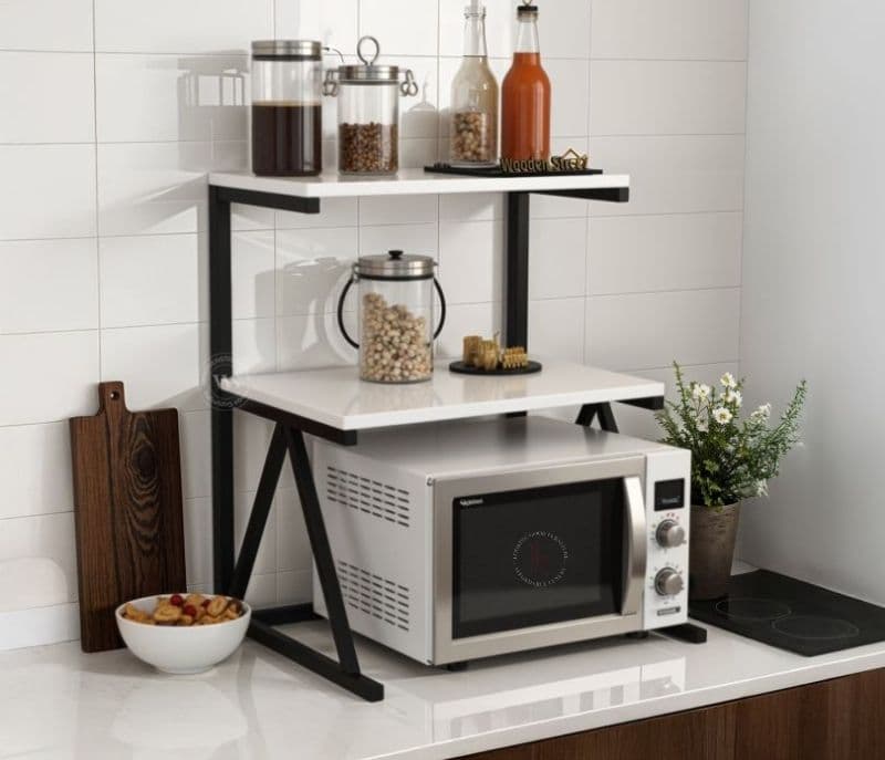 Leilany Engineered Wood Microwave Stand With 2 Tier Kitchen Organizer Storage