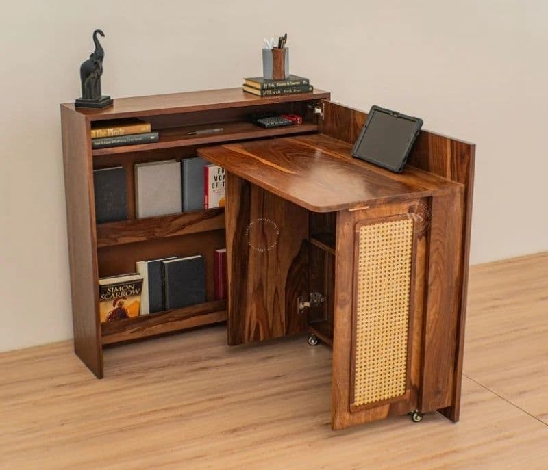 Image 2 for Louisa Premium Solid Wood Convertible Study Table With Hidden Storage, Cane & Brass Accents