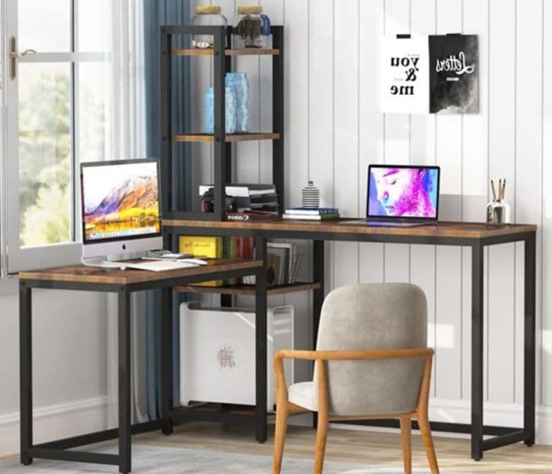 Penny Brown L-Shaped Computer Desk with Bookshelf Storage