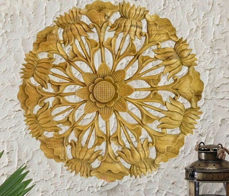 Ainara Lotus Hand Carved Yellow Wooden Wall Panel