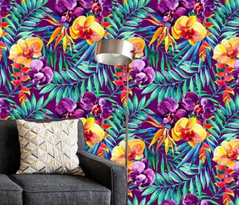 Image 2 for Etta Watercolor Tropical Leaves & Flowers Pattern Non-PVC Self-Adhesive Peel & Stick Vinyl Wallpaper Roll Cover 18 sq.ft. Area