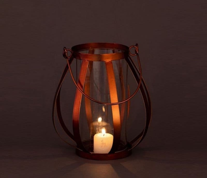 Maeve Rose Gold Iron Strips Tea Light Holder with Glass Case