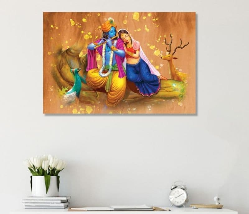 Summer Radha Krishna Oil Paint Teakwood Canvas Stretched and Framed Wall Painting