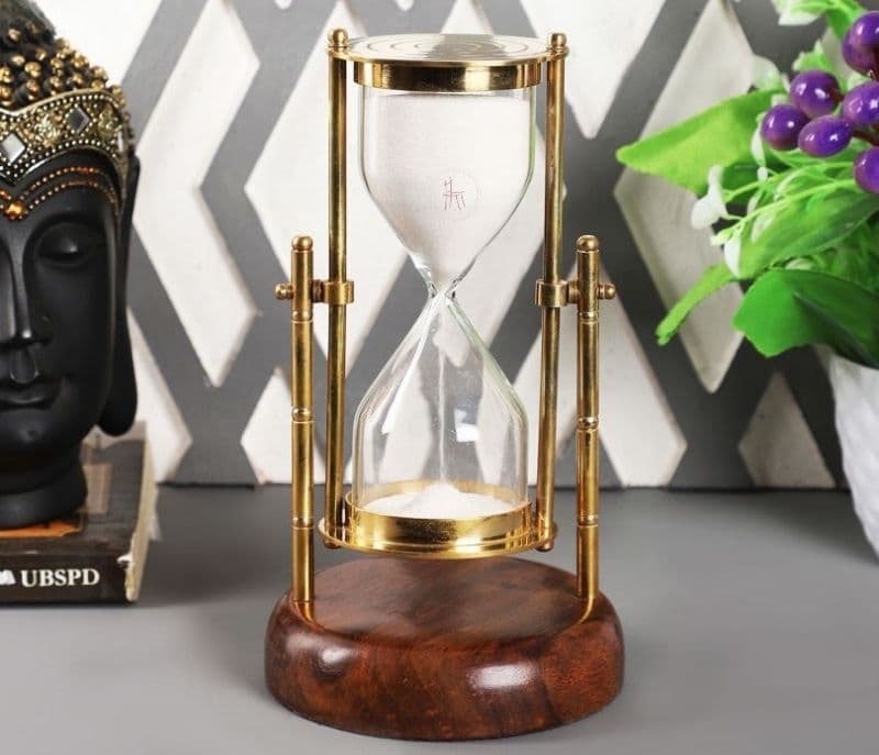 Tatum Brass Hanging Sand Timer with Round Wooden Stand