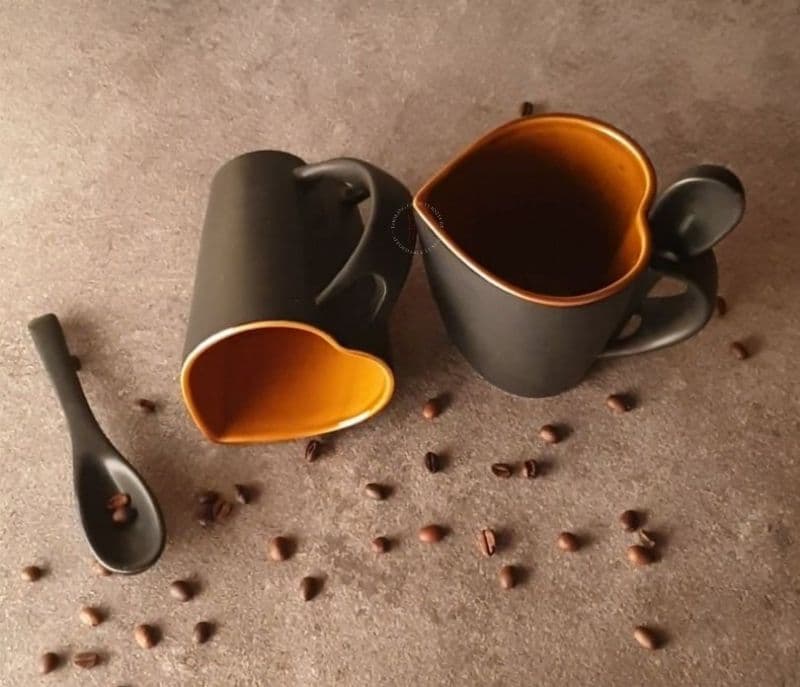 Hadley Brown Hand Painted Ceramic Coffee Mugs With Spoon - Set of 2