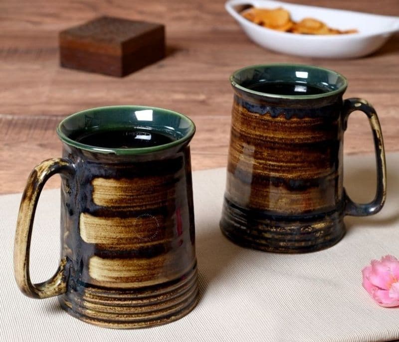 Serenity Brown Ceramic Handpainted Beer Mug Set Of 2