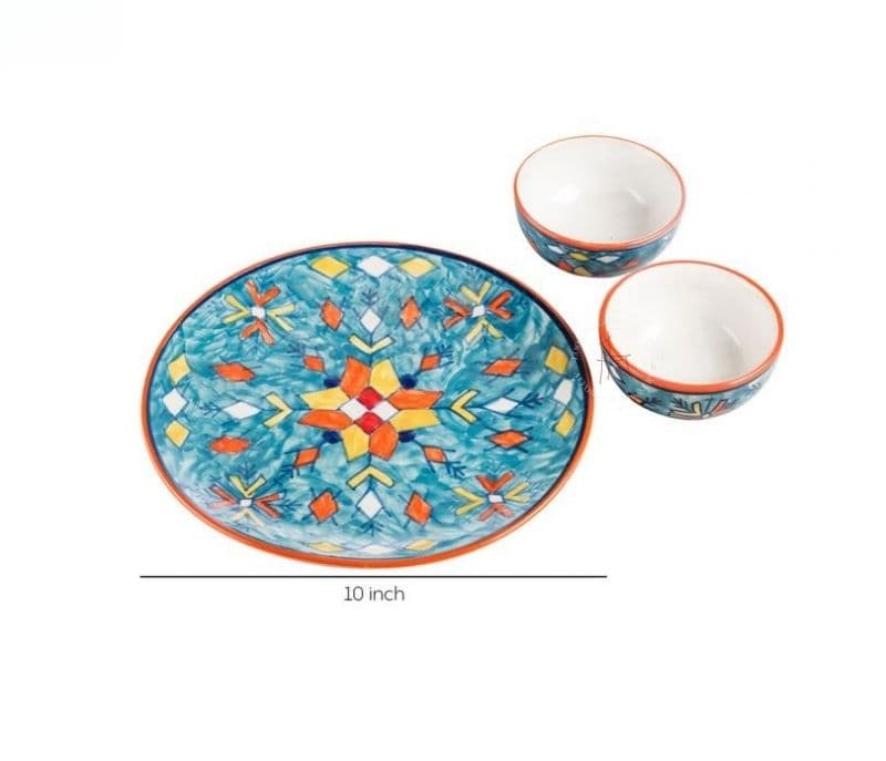 Image 2 for Hand Painted Ceramic Dinner Plate with 2 Bowls