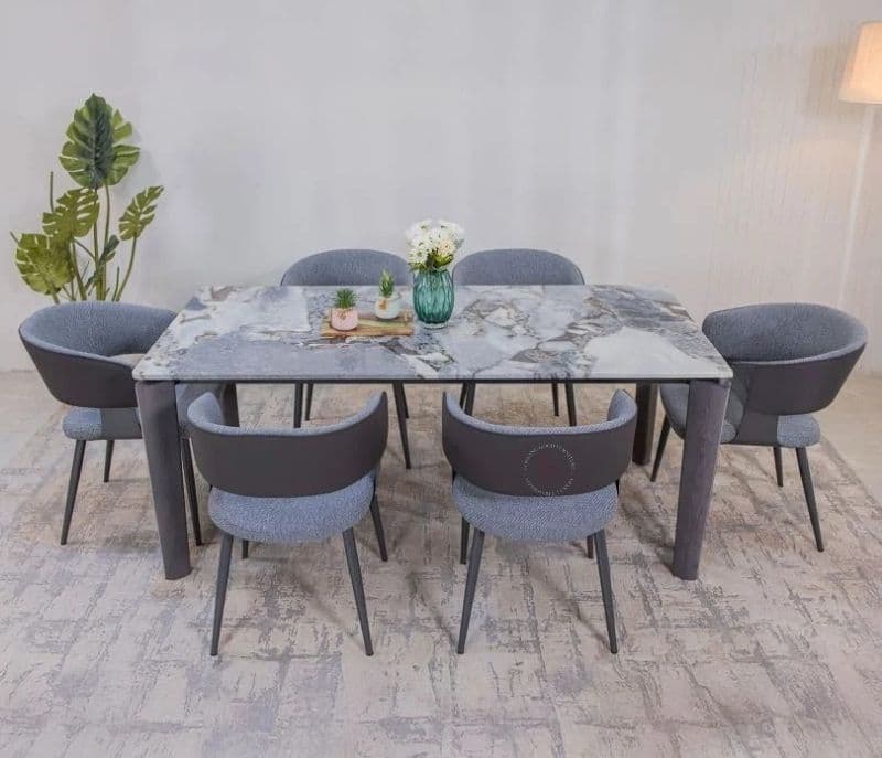 Image 2 for Avani 6 Seater Dining Set With Premium Grey Upholstered Chairs & Artificial Marble Top