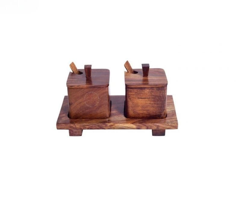 Image 4 for Amari Set of 2 Handcarved Wooden Jars with Spoon and Tray