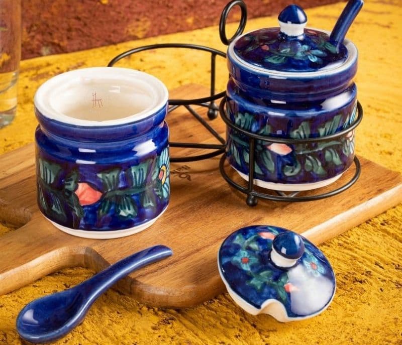 Image 2 for Sawyer Blue Colour Ceramic Jar Set with Iron Stand and 2 Spoons