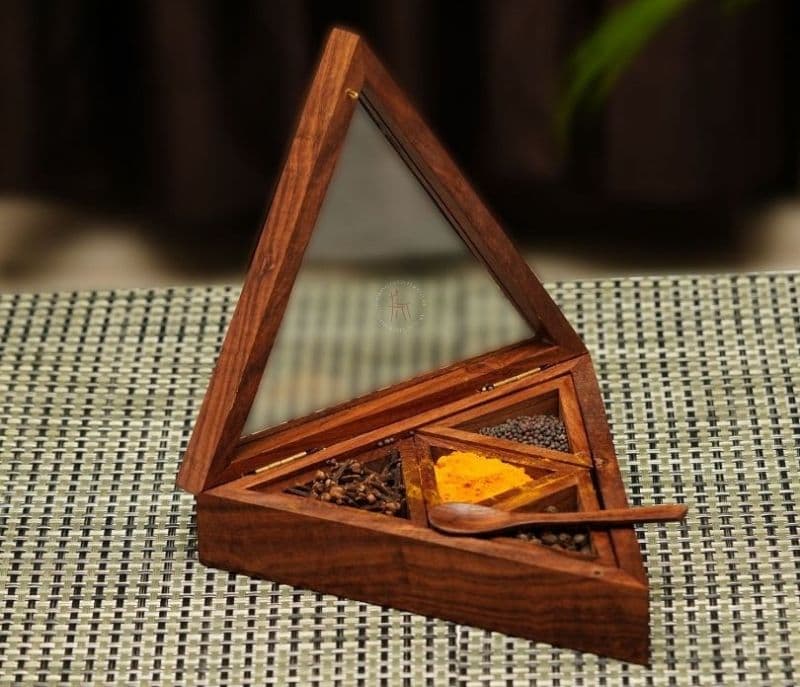 Ariel Wooden Spice Box In Triangle Shape With 4 Containers And Spoon