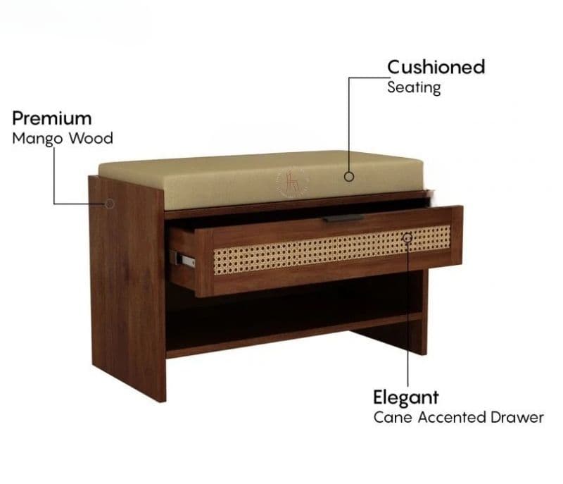 Image 4 for Fatima Premium Solid Wood Shoe Rack With Removable Cushioned Seat, Drawer Storage & Cane Detailing