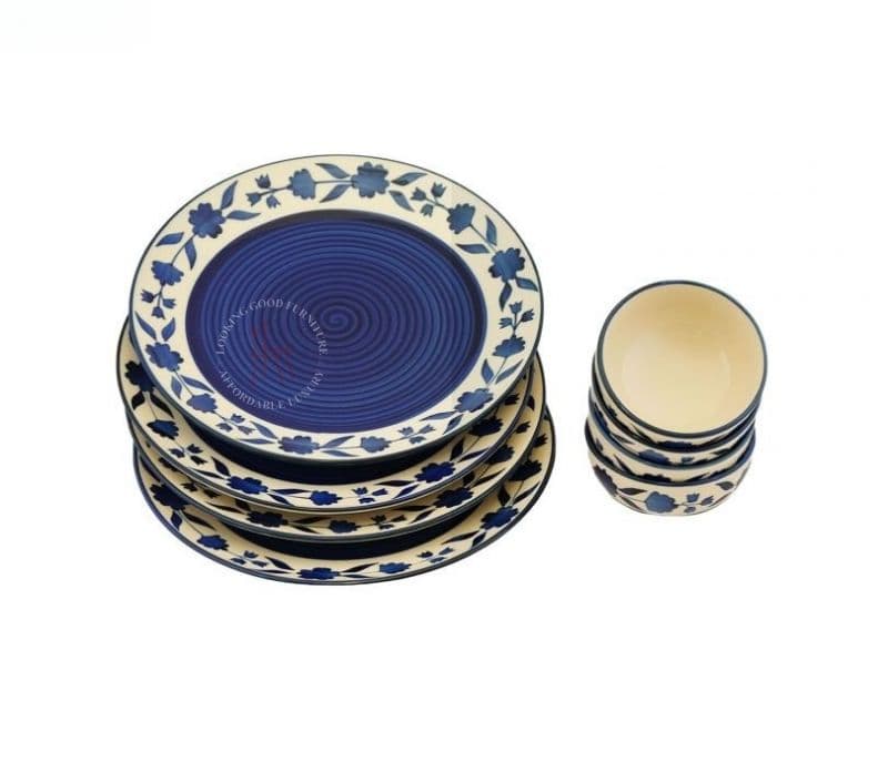 Image 5 for Blue and White Floral Ceramic Dinner Plate Set with Katoris - Set of 12 Piece