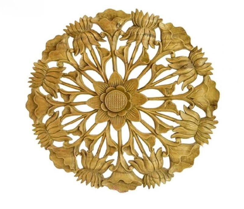 Image 3 for Ainara Lotus Hand Carved Yellow Wooden Wall Panel