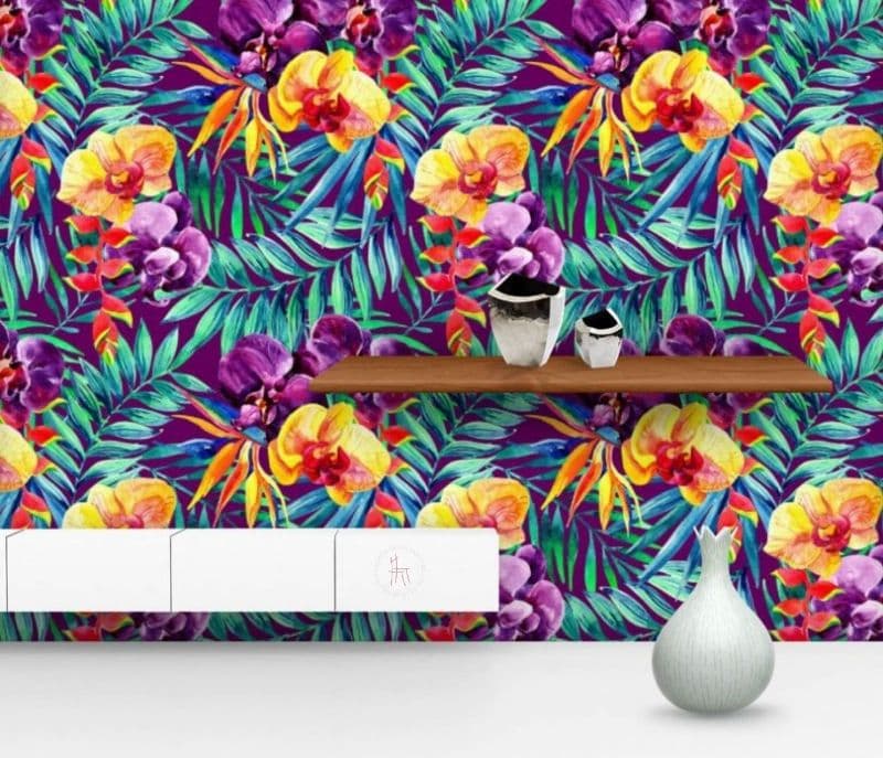 Etta Watercolor Tropical Leaves & Flowers Pattern Non-PVC Self-Adhesive Peel & Stick Vinyl Wallpaper Roll Cover 18 sq.ft. Area