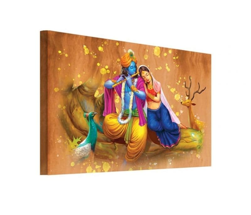 Image 2 for Summer Radha Krishna Oil Paint Teakwood Canvas Stretched and Framed Wall Painting