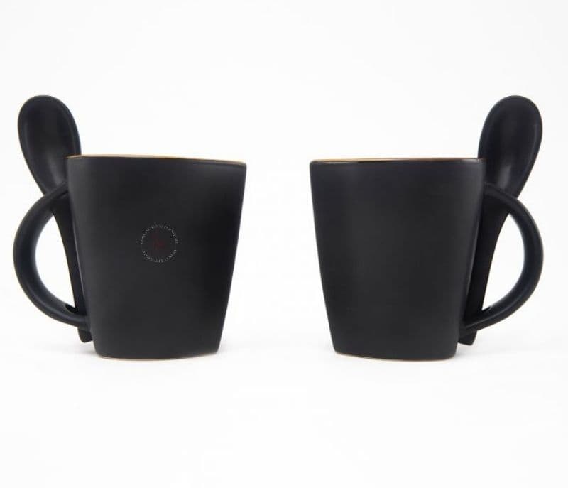 Image 3 for Hadley Brown Hand Painted Ceramic Coffee Mugs With Spoon - Set of 2