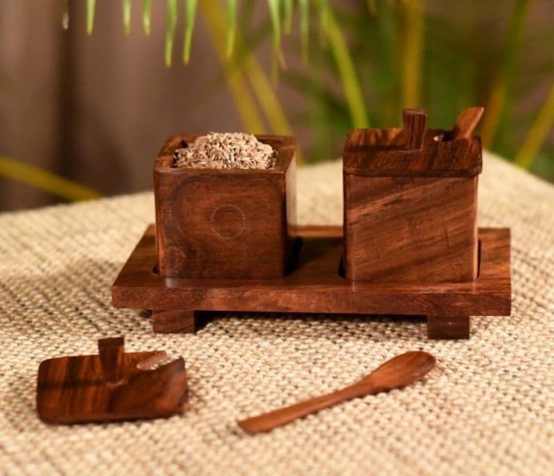 Image 2 for Amari Set of 2 Handcarved Wooden Jars with Spoon and Tray