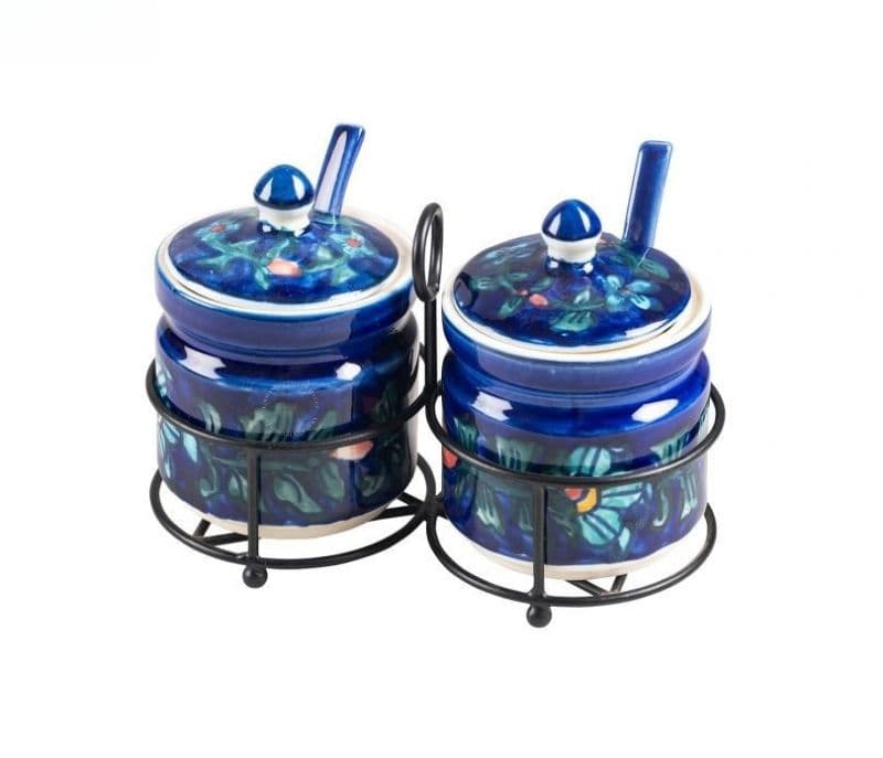 Image 5 for Sawyer Blue Colour Ceramic Jar Set with Iron Stand and 2 Spoons