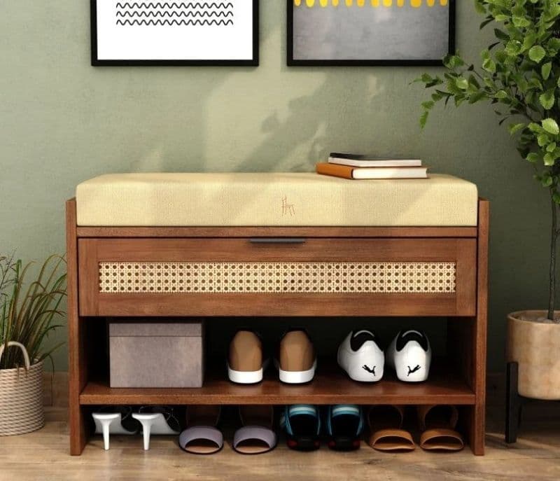 Image 2 for Fatima Premium Solid Wood Shoe Rack With Removable Cushioned Seat, Drawer Storage & Cane Detailing