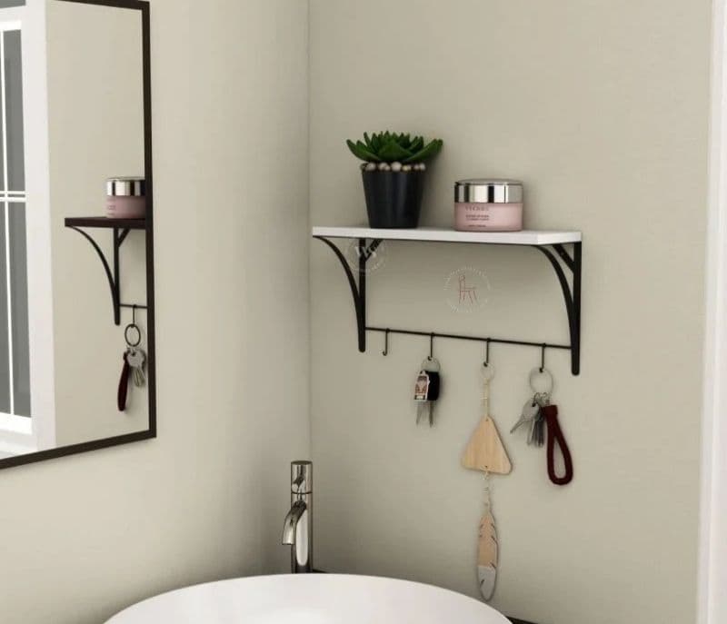 Image 3 for Ailani Wooden Wall Mounted Shelf With 4 Hanging Metal Hooks, Multipurpose Wall Shelf For Living Room/Bedroom