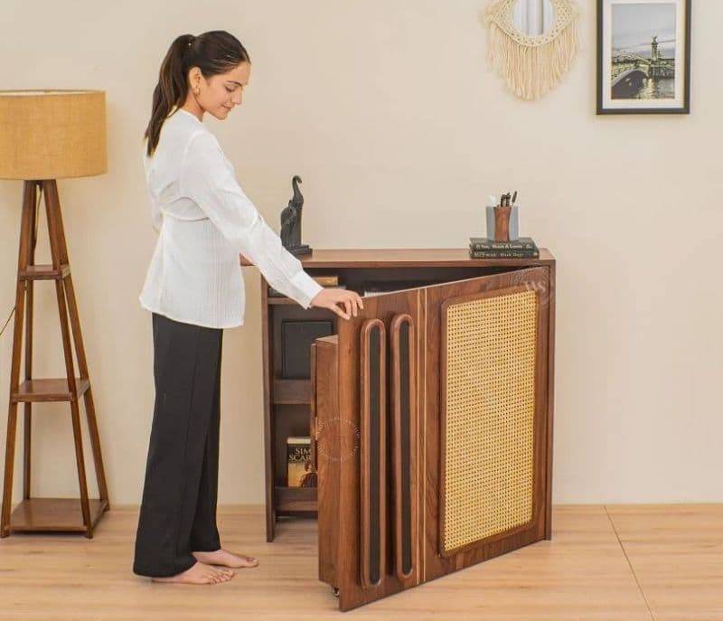Image 8 for Louisa Premium Solid Wood Convertible Study Table With Hidden Storage, Cane & Brass Accents