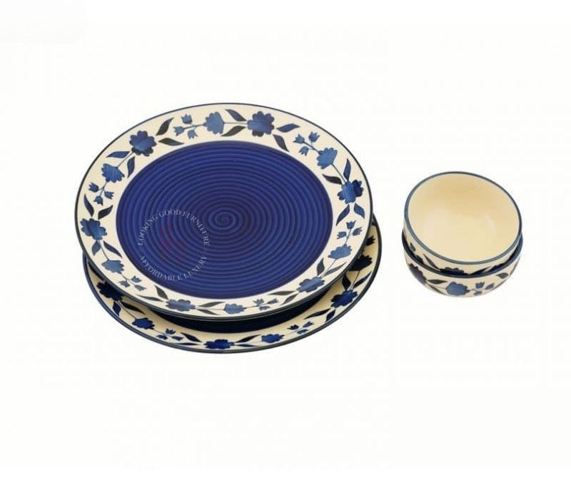 Image 4 for Blue and White Floral Ceramic Dinner Plate Set with Katoris - Set of 12 Piece