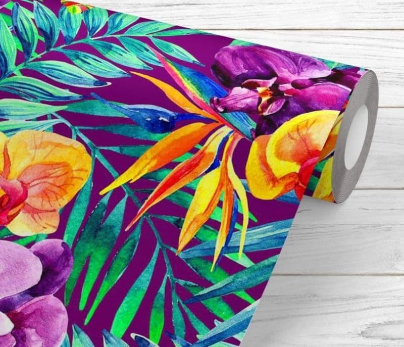 Image 5 for Etta Watercolor Tropical Leaves & Flowers Pattern Non-PVC Self-Adhesive Peel & Stick Vinyl Wallpaper Roll Cover 18 sq.ft. Area