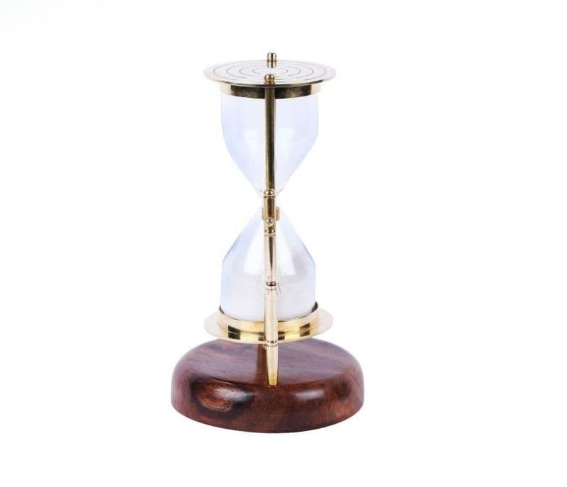Image 3 for Tatum Brass Hanging Sand Timer with Round Wooden Stand